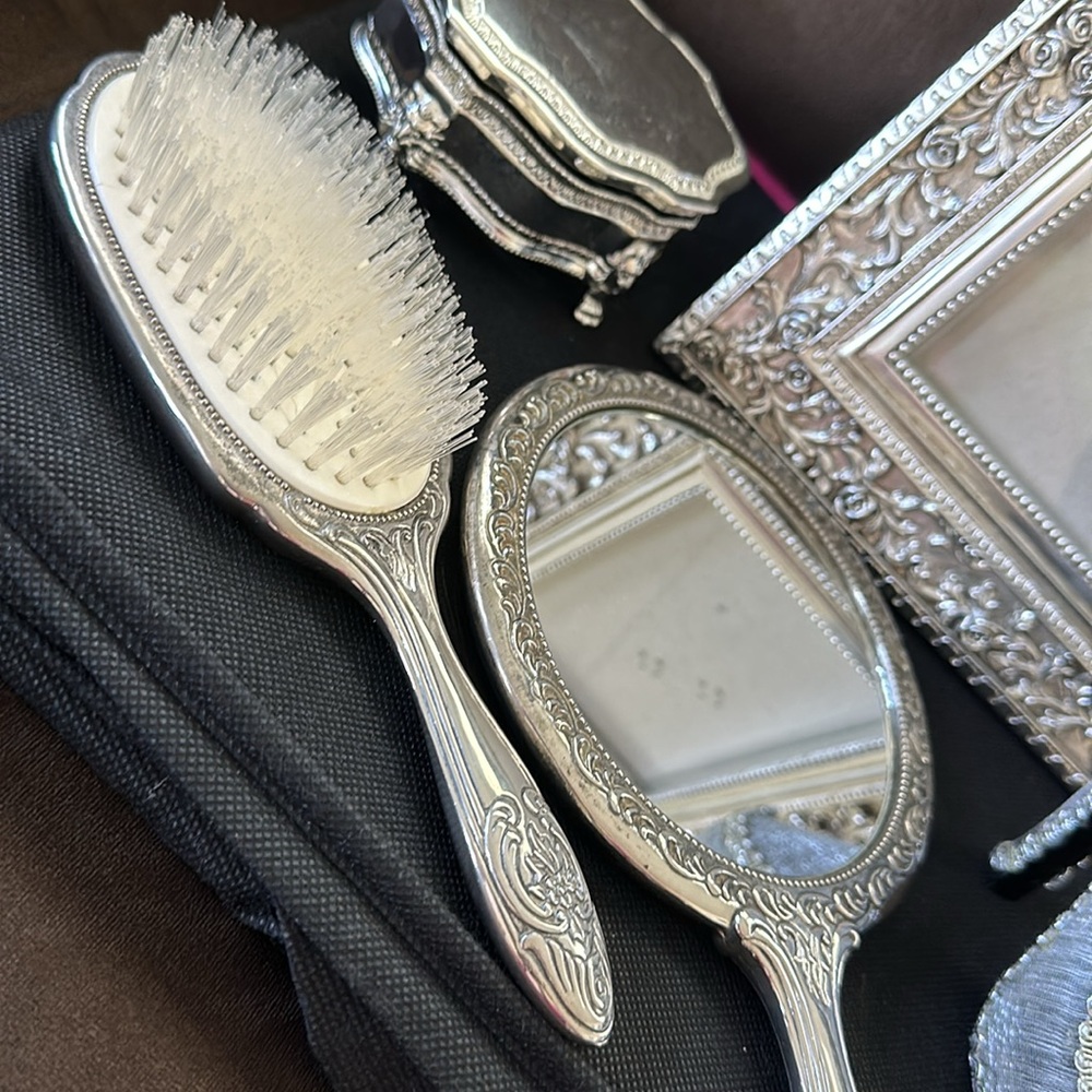 Vintage Silver Vanity Set Ornate Mirror, Brush, Trinket Box with Victorian Charm - Picture 11 of 16